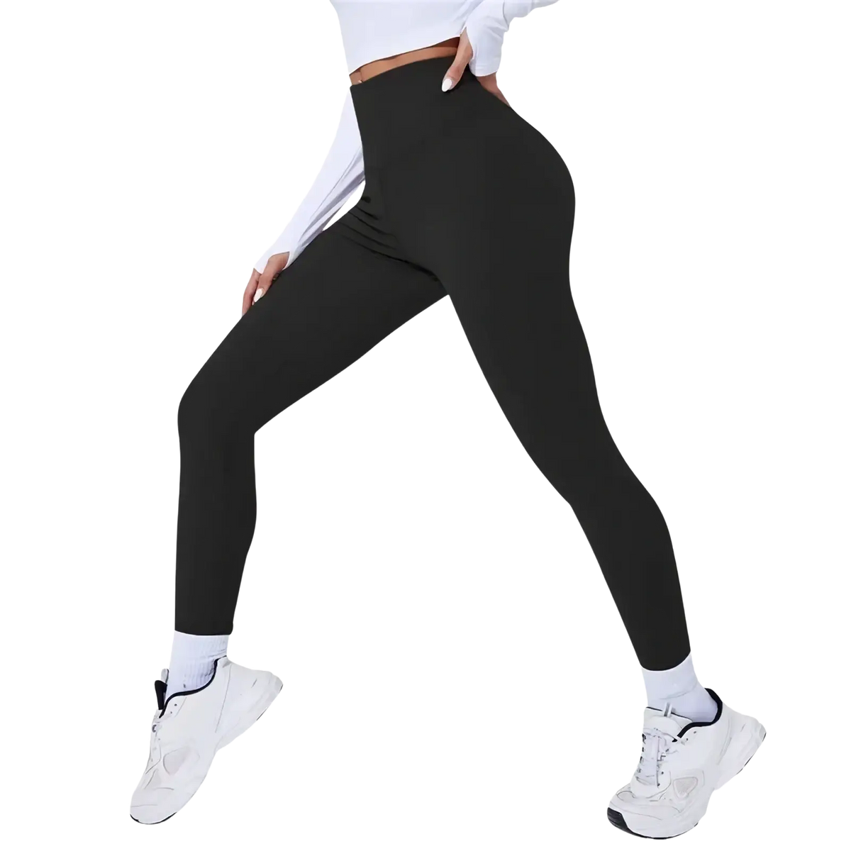 Black high waist butt lifting thermal yoga leggings with smooth form fitting stretch fabric shown from the back side