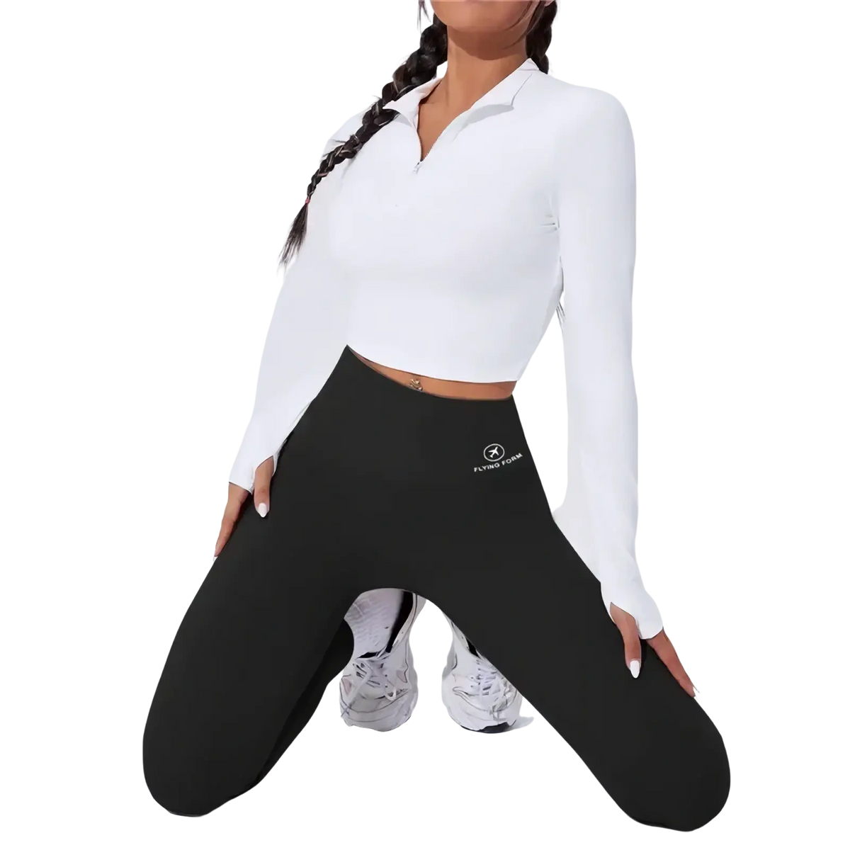 Black high waist butt lifting thermal yoga leggings with small white logo on left thigh for cold weather workouts