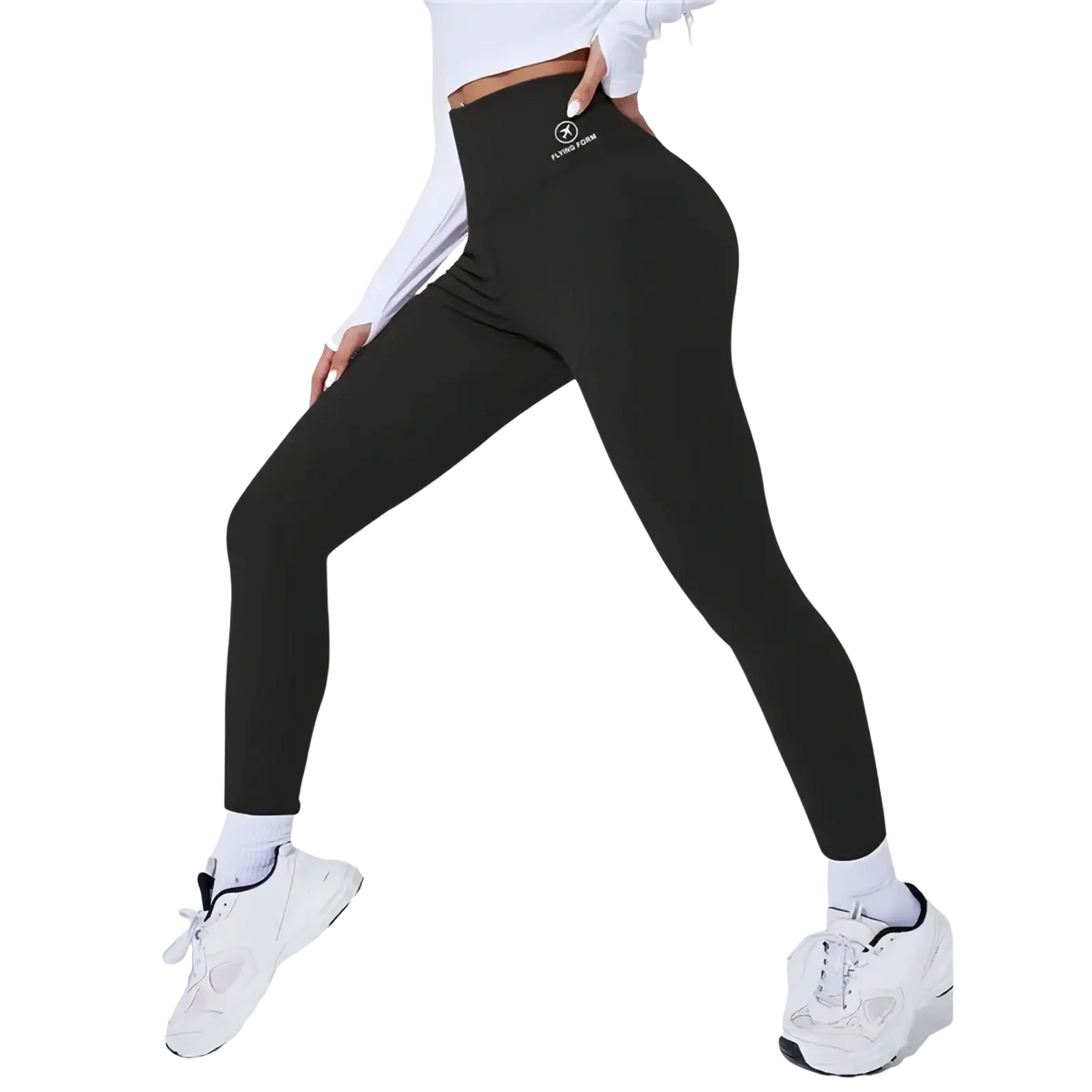 Black high waist butt lifting thermal yoga leggings with a subtle white logo on the hip shown from the back