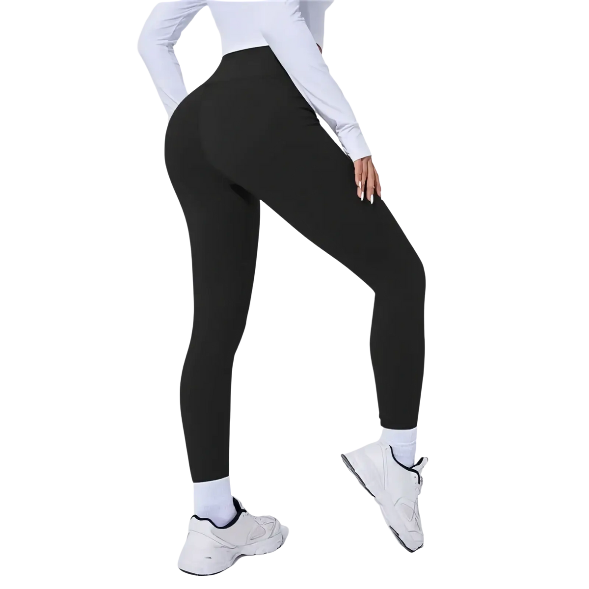 Black high waist butt lifting thermal yoga leggings made of smooth, form fitting stretch fabric, back view