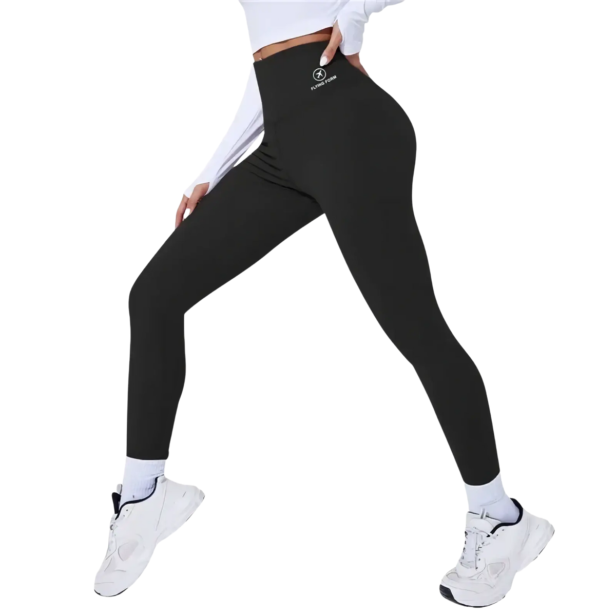 Black high waist butt lifting thermal yoga leggings with a sleek form fitting design and subtle logo on the waistband