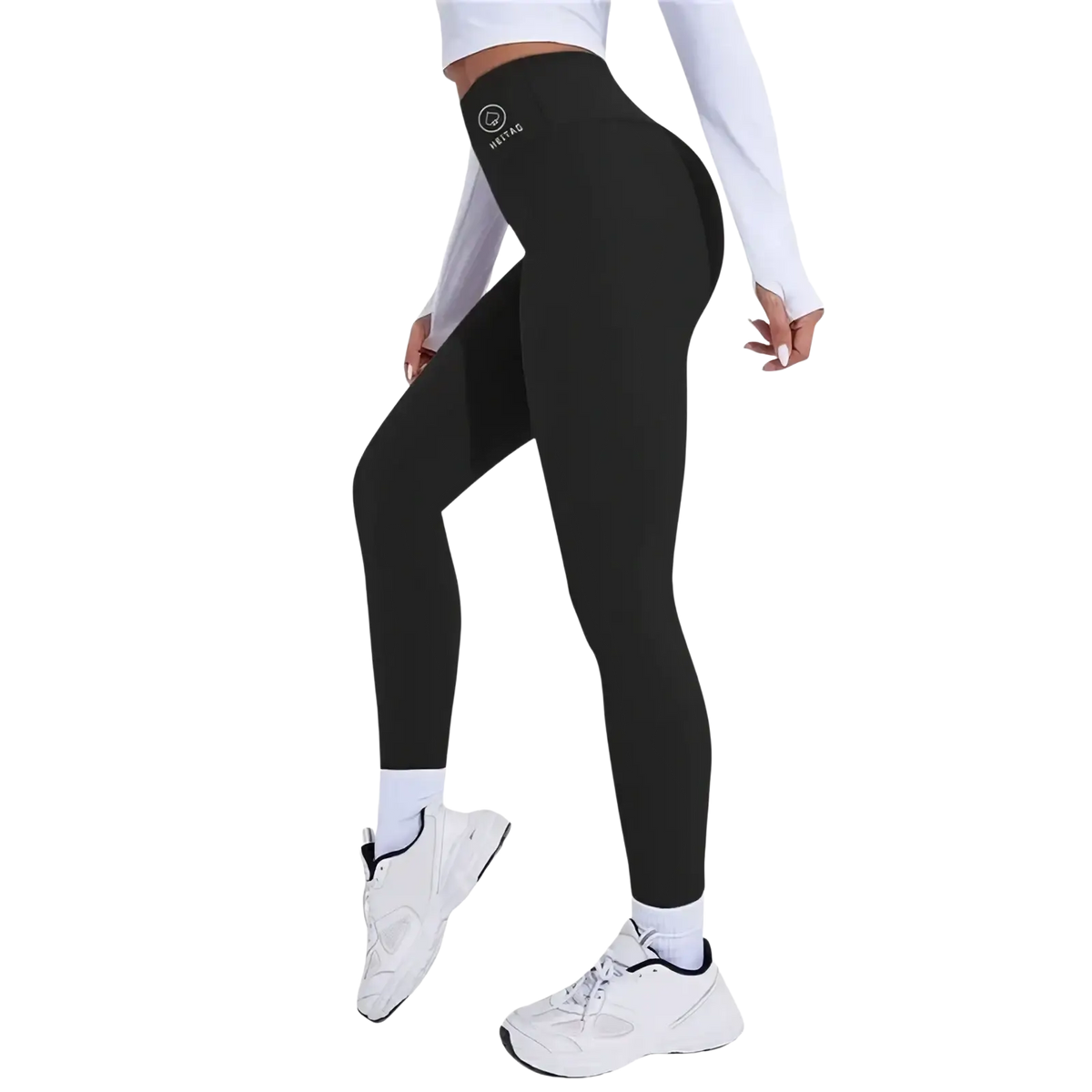 Black high waist butt lifting thermal yoga leggings with a subtle logo on the left hip front side