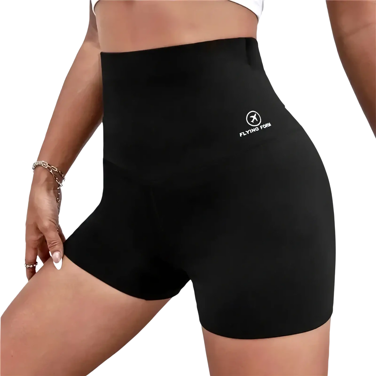 Black high waist butt lifting thermal yoga shorts with a subtle flying forn logo on the side for athletic use