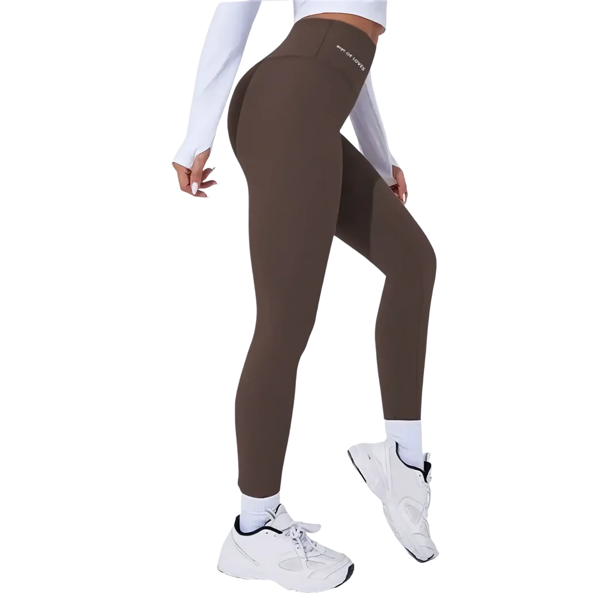Brown high waist butt lifting thermal yoga leggings with a sleek form-fitting design and white branding on the waistband