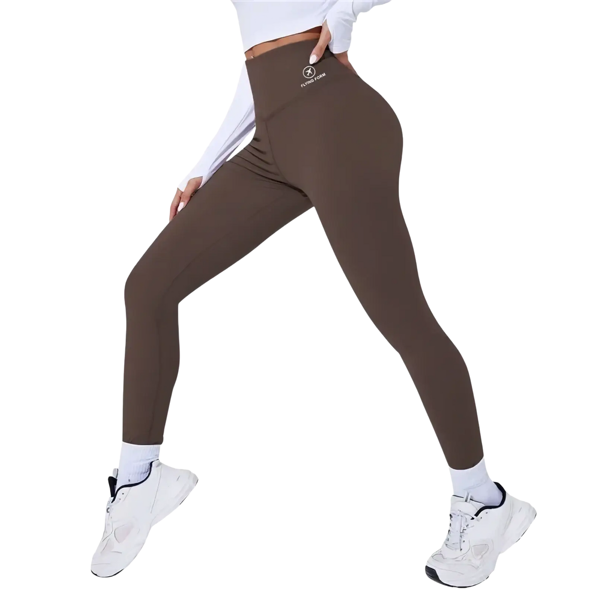 Brown high waist butt lifting thermal yoga leggings with sleek form fitting design and subtle waistband logo visible from back
