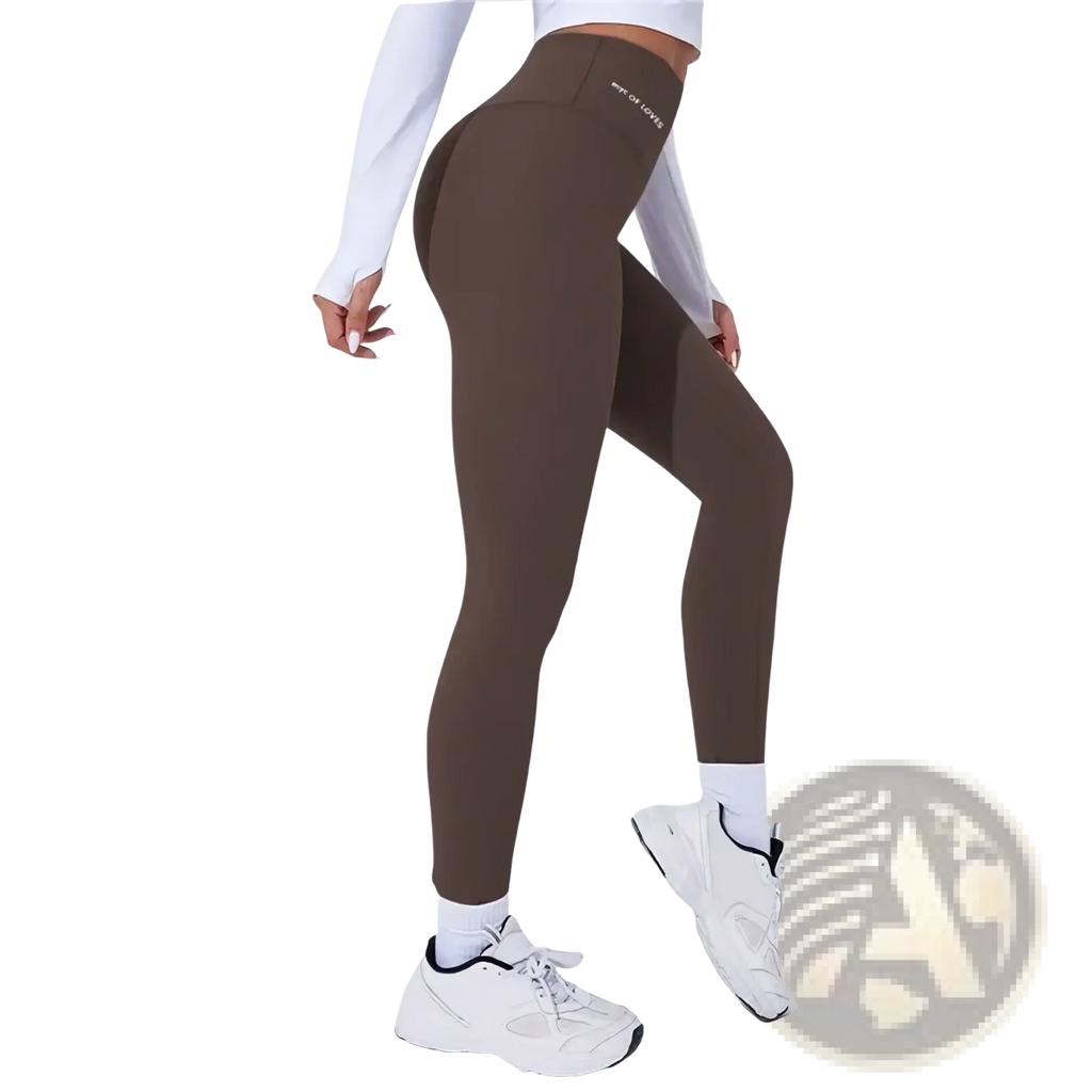 Brown high waist butt lifting thermal yoga leggings with a sleek form-fitting design and white branding on the waistband