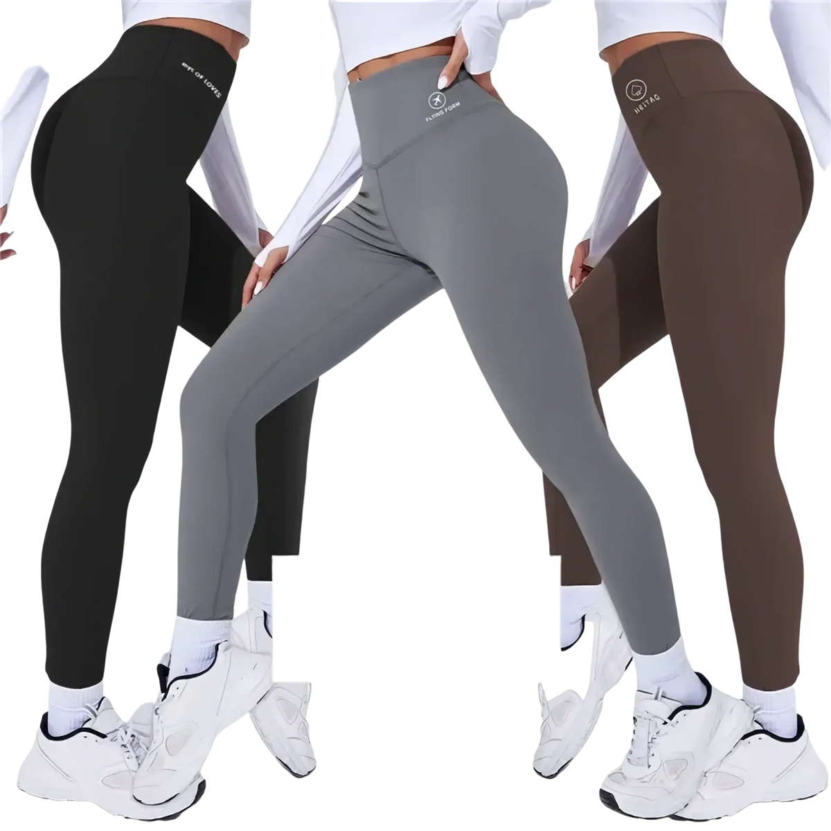 High waist butt lifting thermal yoga leggings in black gray and brown with sleek form fitting design shown from the back