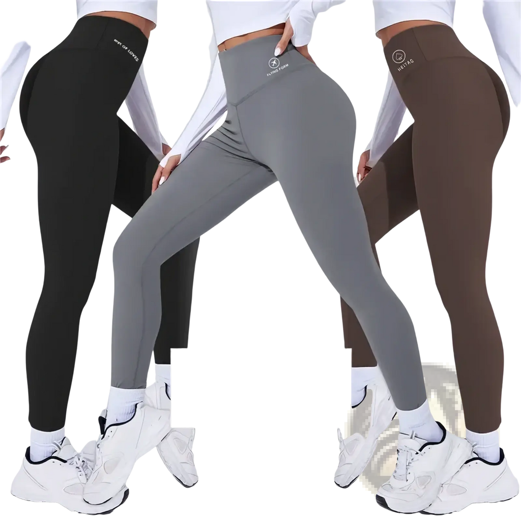 High waist butt lifting thermal yoga leggings in black gray and brown with sleek form fitting design shown from the back