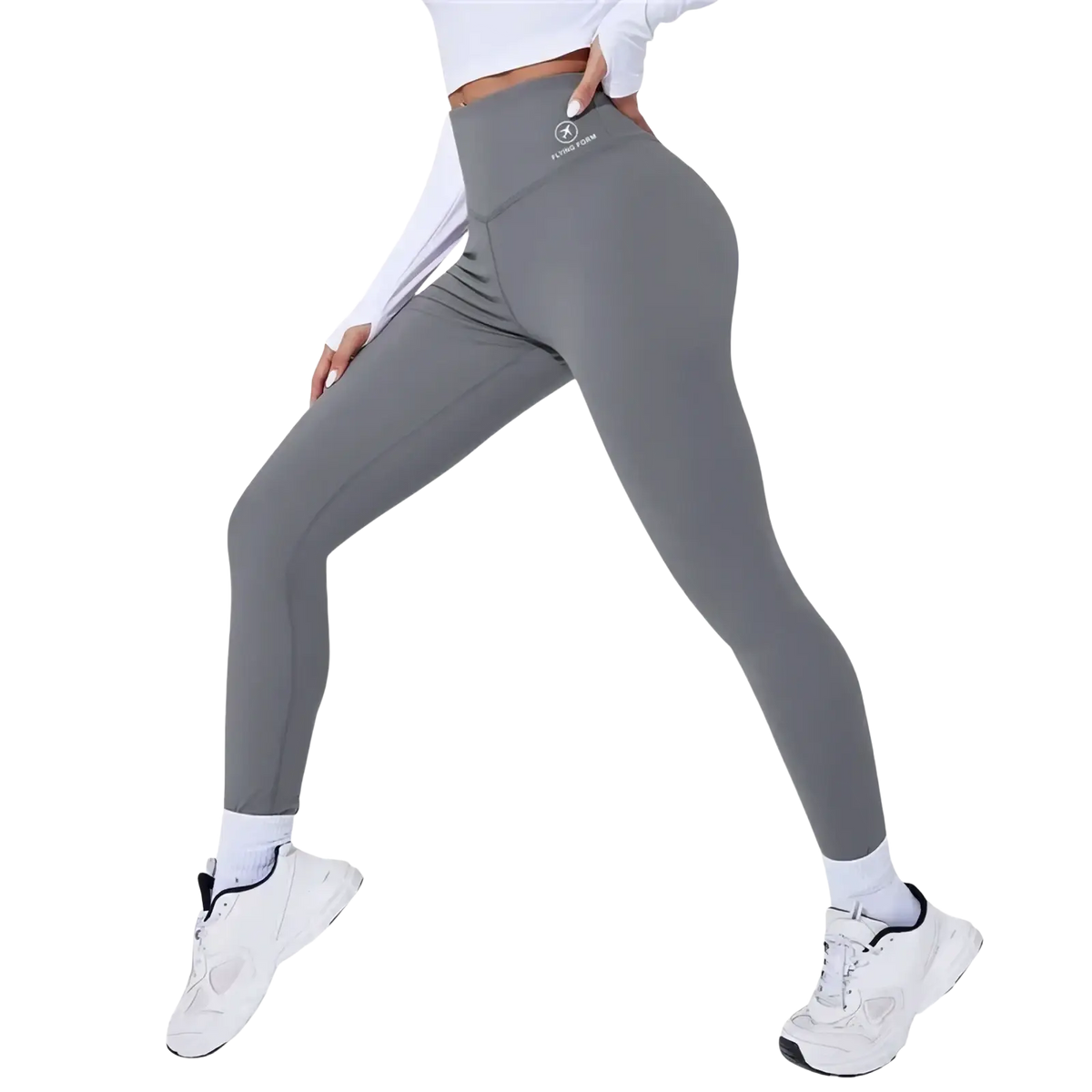 High waist butt lifting thermal gray leggings with sleek form fitting design and subtle waistband branding