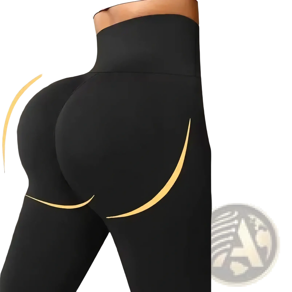 Black high waist butt lifting yoga leggings with gold accent lines showing the back side of the garment
