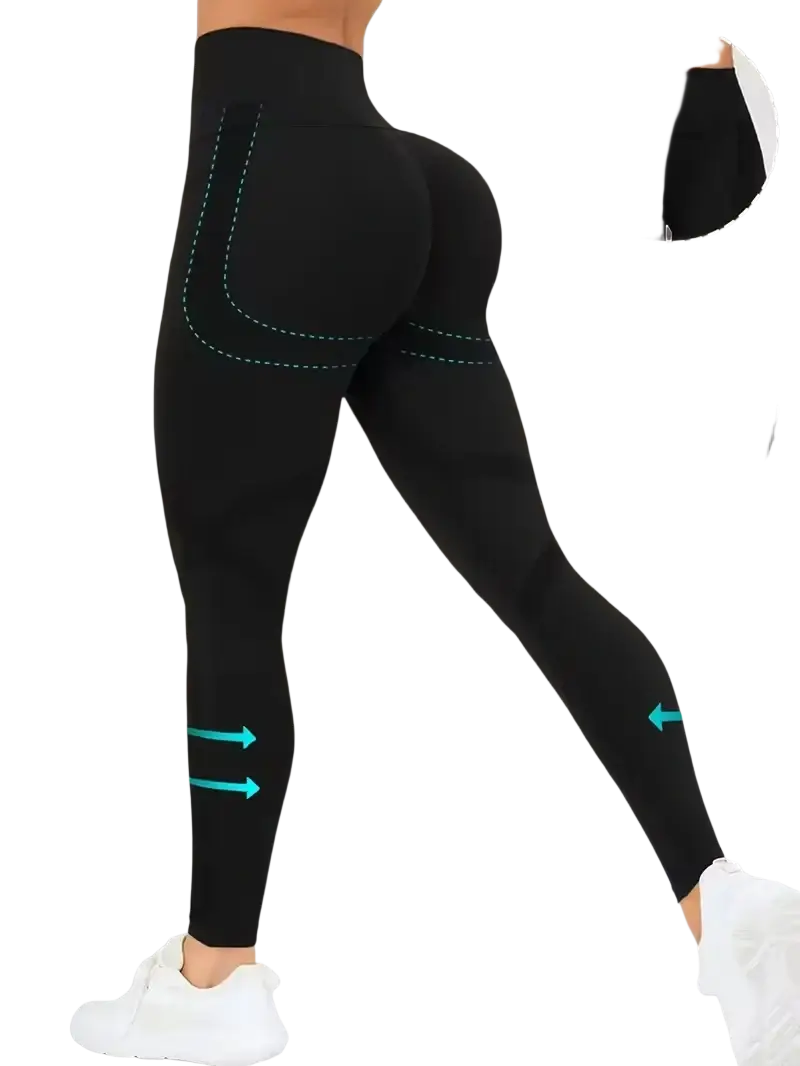 Black high waist butt lifting yoga leggings with sleek form fitting design and subtle teal stitching details back side