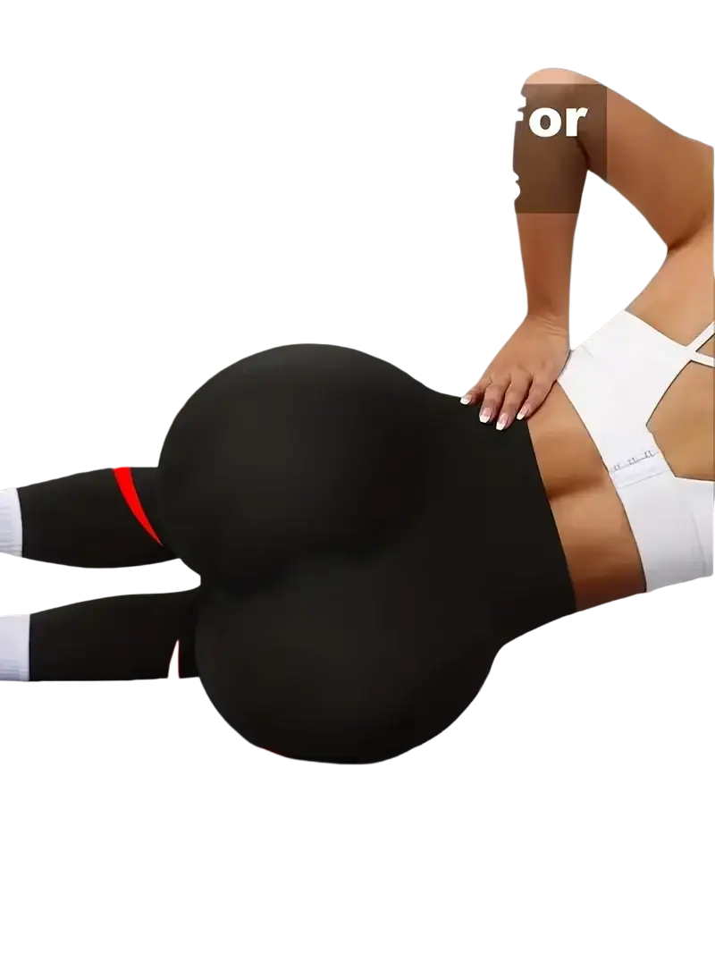 Black high waist butt lifting yoga leggings with white ankle trim in a form fitting design showing the back side
