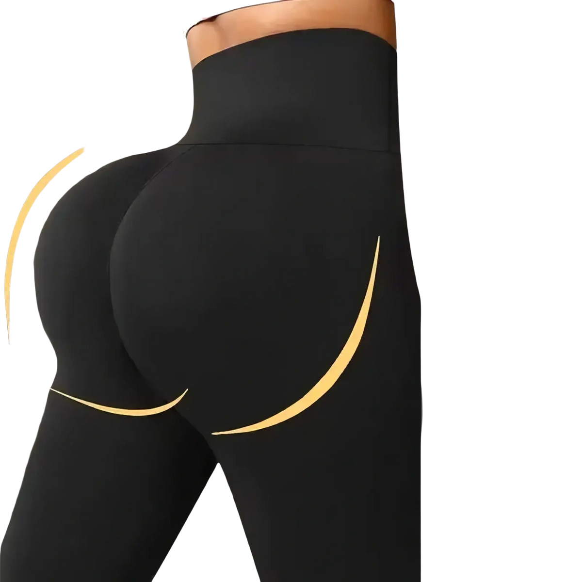 Black high waist butt lifting yoga leggings with gold accent lines showing the back side of the garment