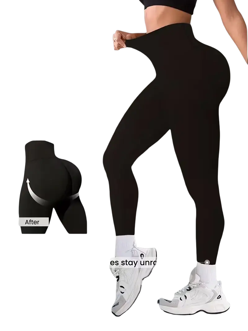 Black high waist butt lifting yoga leggings with a smooth form fitting design shown from the back side