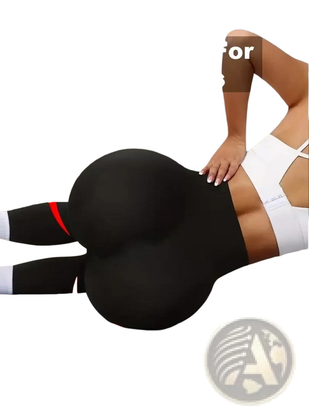 Black high waist butt lifting yoga leggings with white ankle trim in a form fitting design showing the back side