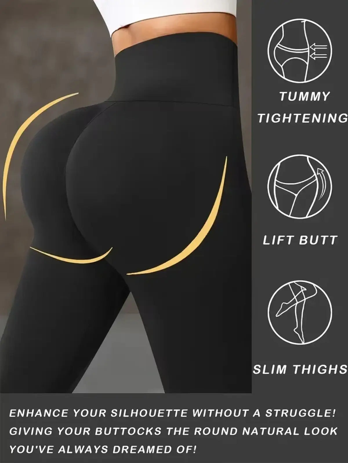 Black high waist butt lifting yoga leggings with gold accent lines shown from the back side