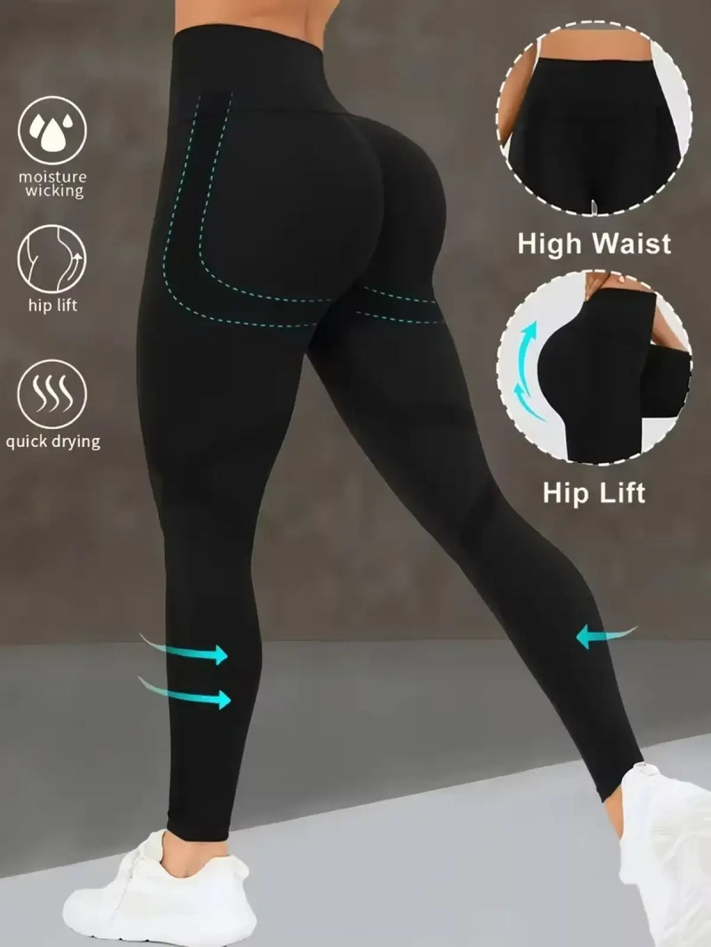 Black high waist butt lifting yoga leggings with sleek form fitting design and subtle teal stitching details back side