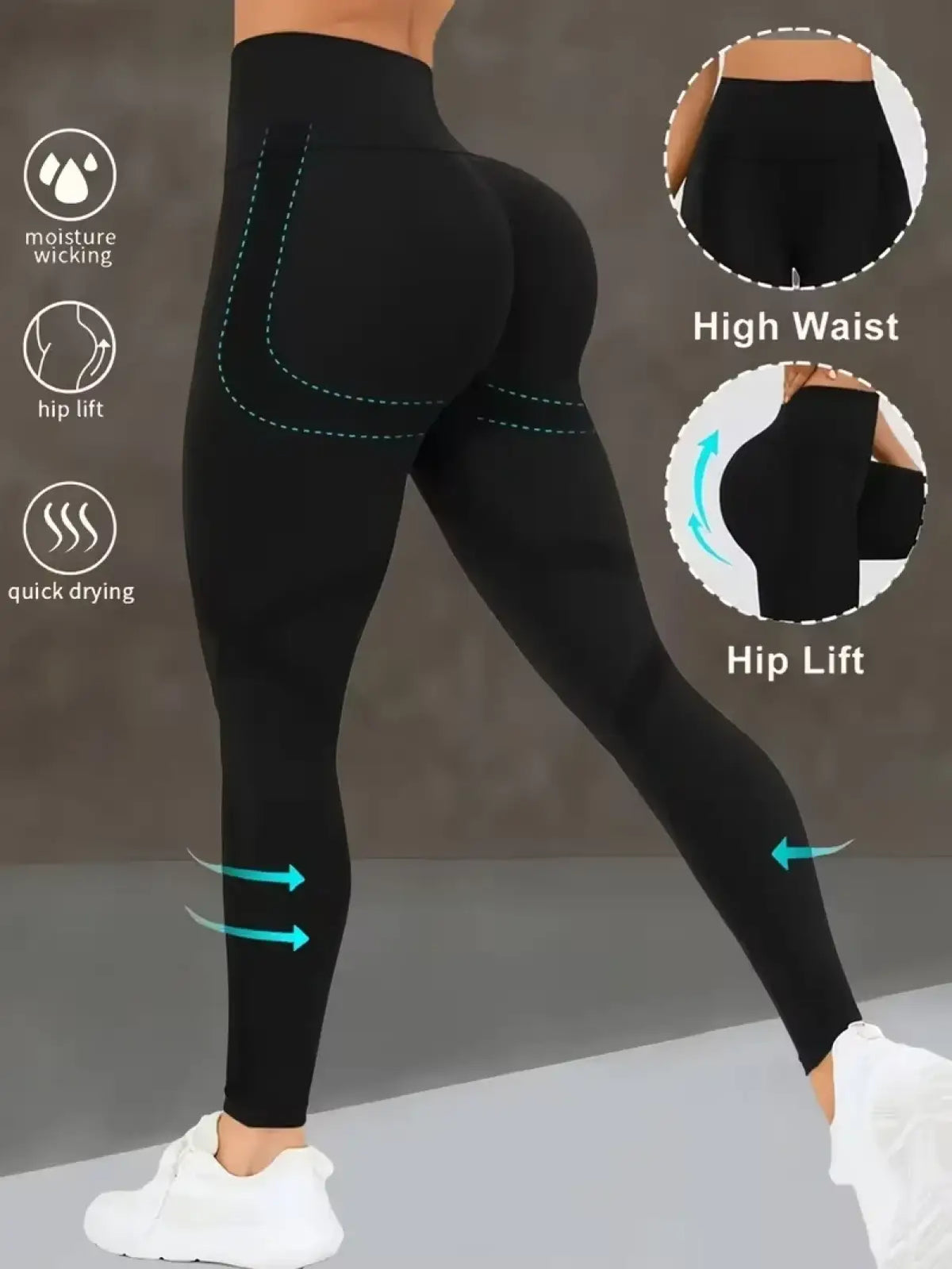 Black high waist butt lifting yoga leggings with sleek form fitting design and subtle teal stitching details back side