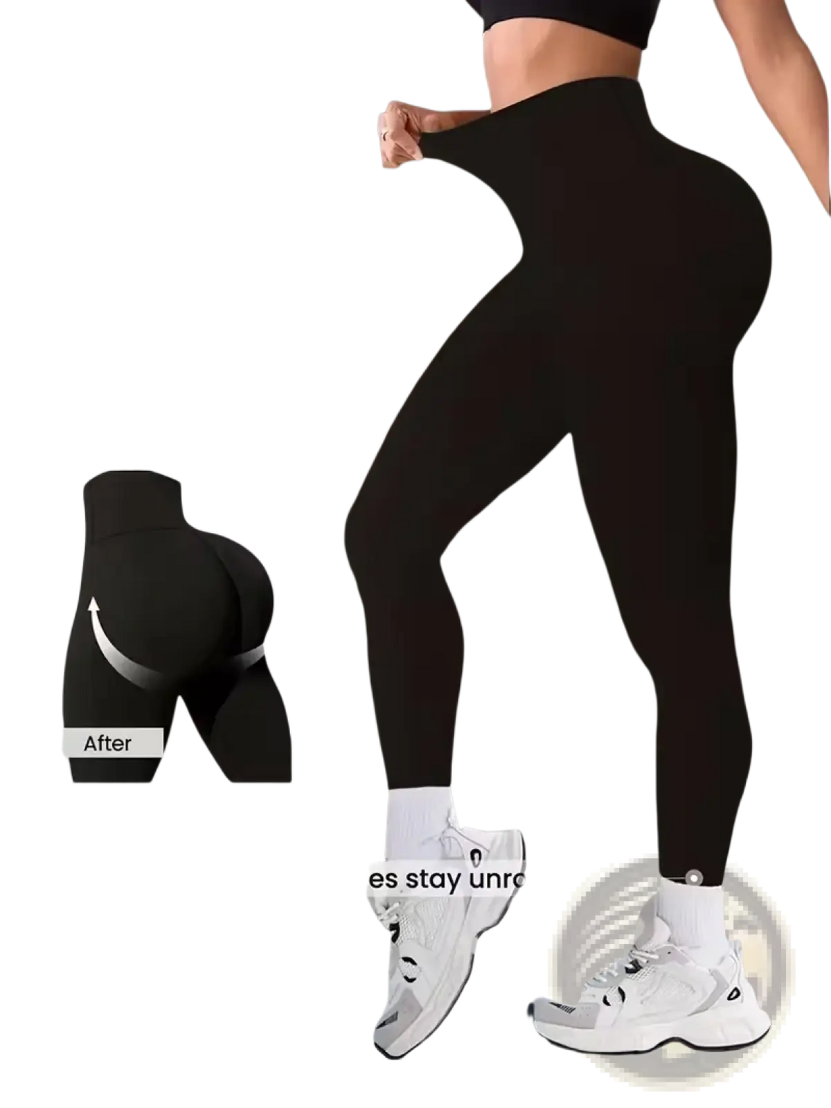 Black high waist butt lifting yoga leggings with a smooth form fitting design shown from the back side