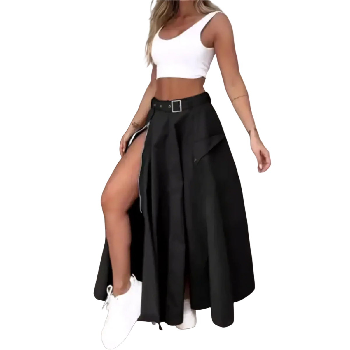 Black high waist cargo maxi skirt with pleats side slit and belt loop detail suitable for casual wear