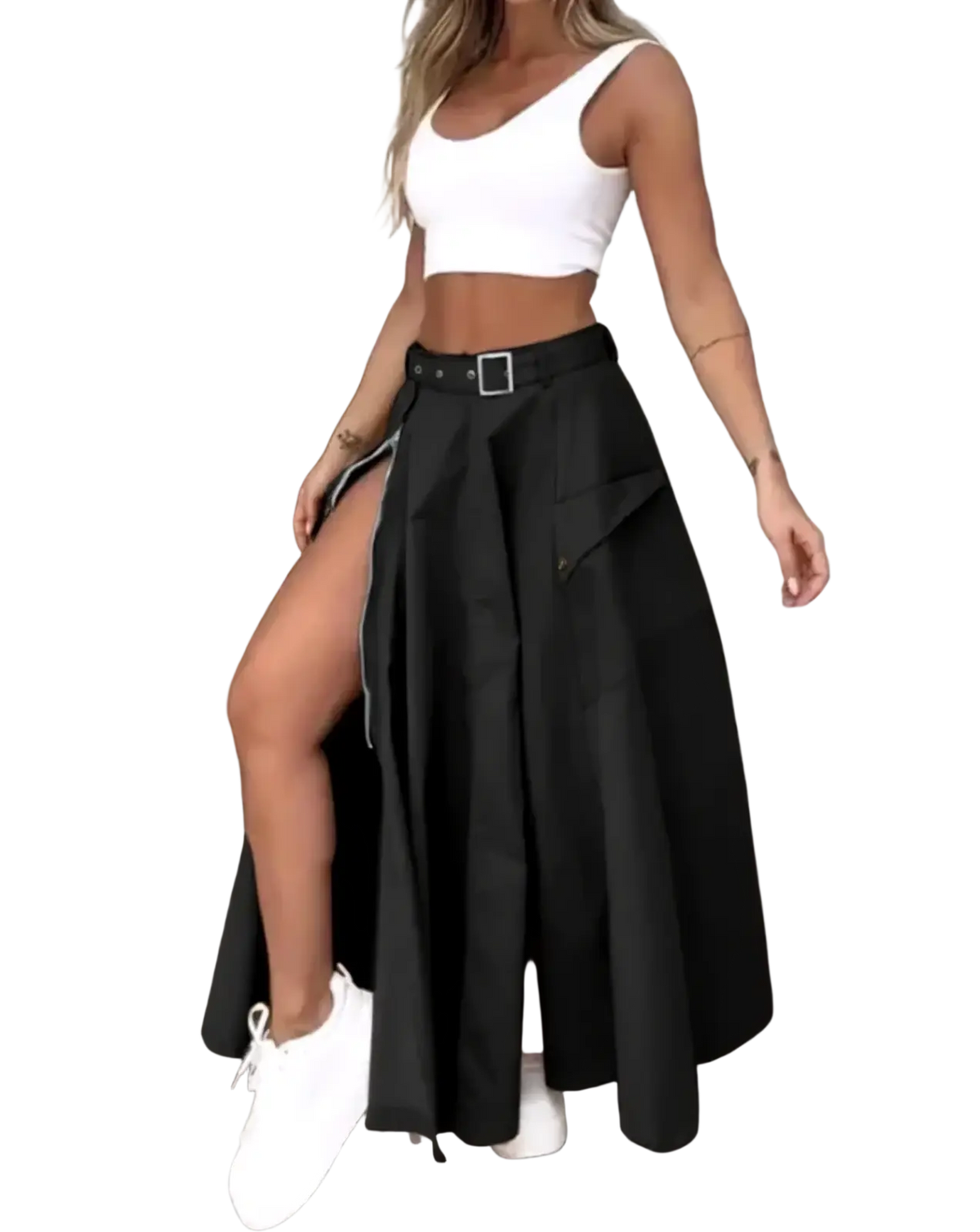 Black high waist cargo maxi skirt with pleats side slit and front pocket detail for casual and versatile wear