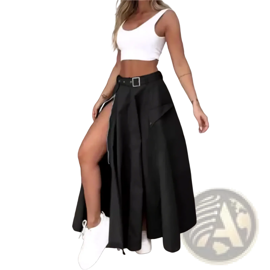 Black high waist cargo maxi skirt with pleats side slit and belt loop detail suitable for casual wear