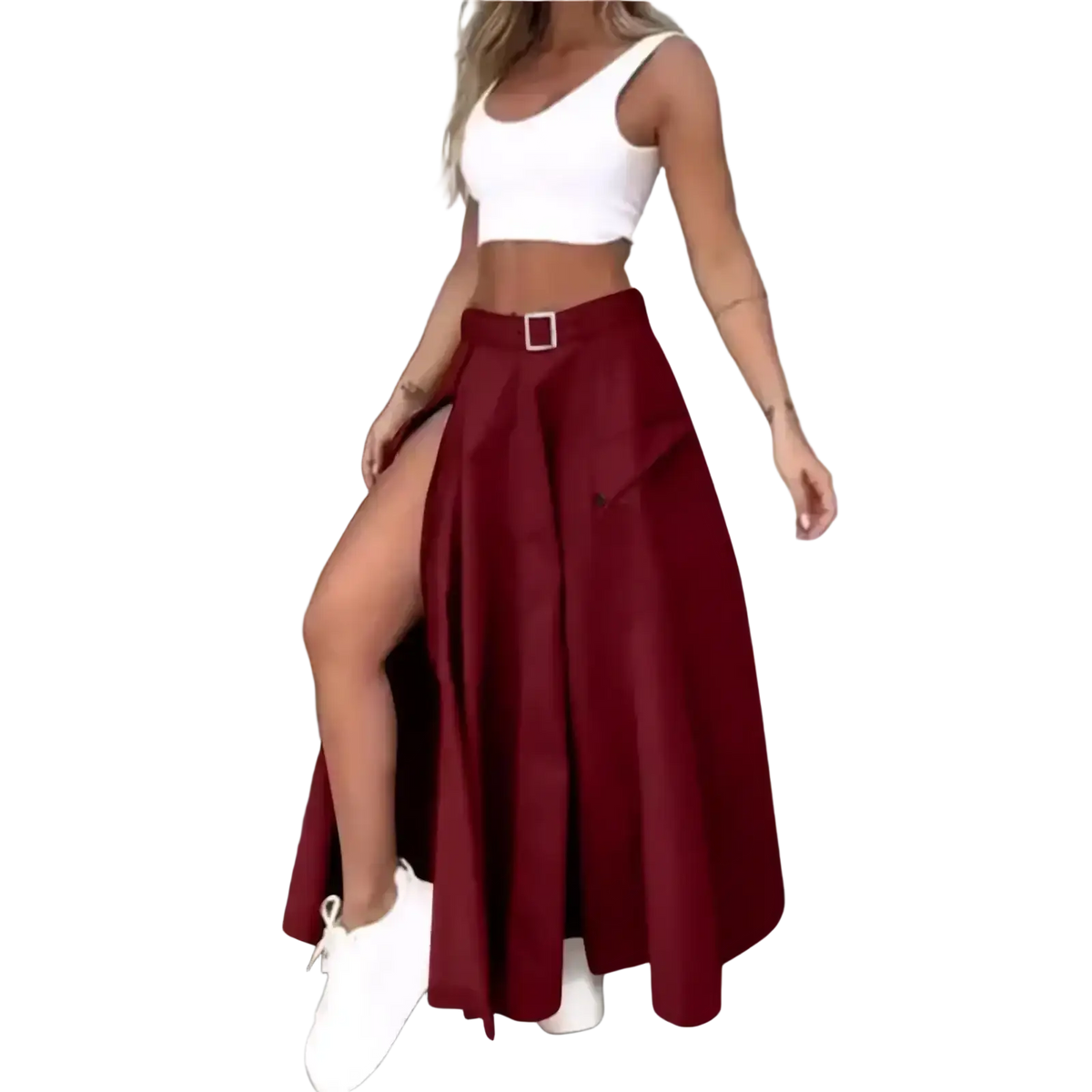 A flowing maroon high waist cargo maxi skirt with a side slit and square buckle at the waist