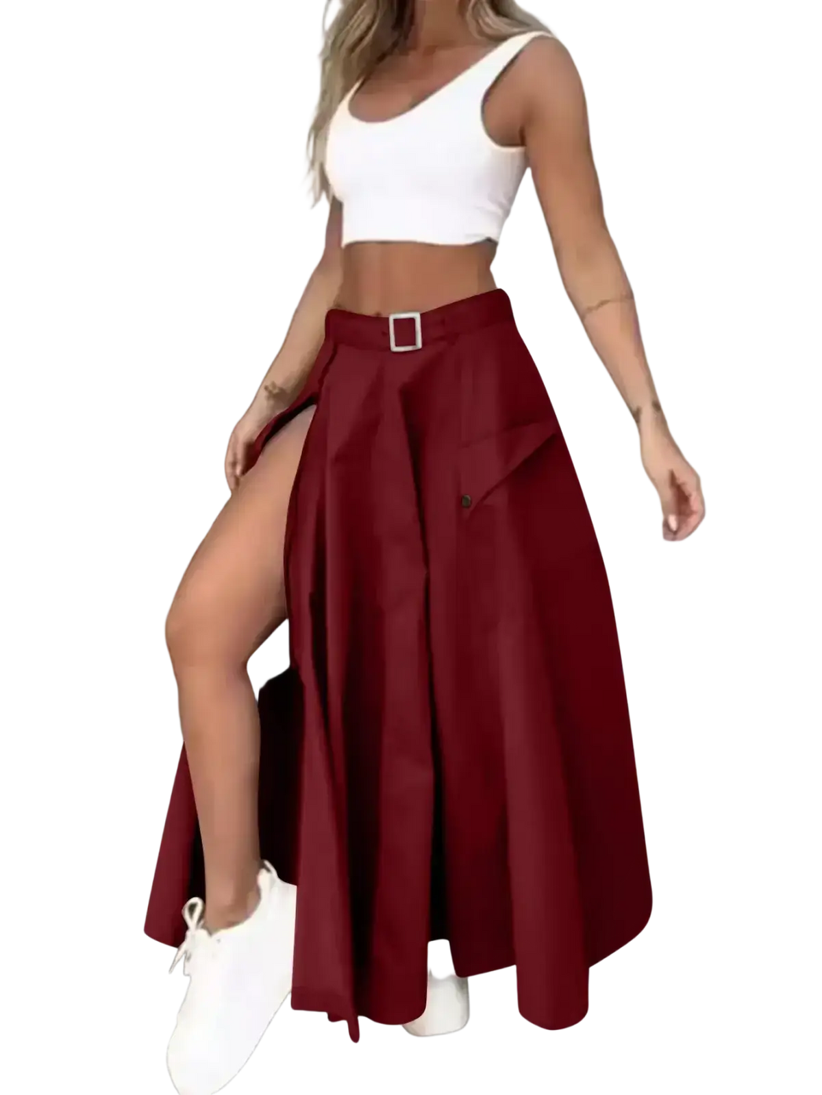 A flowing maroon high waist cargo maxi skirt with side slit and silver buckle at the waist