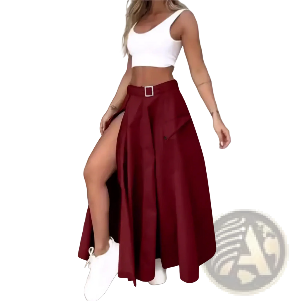 A flowing maroon high waist cargo maxi skirt with side slit and silver buckle at the waist