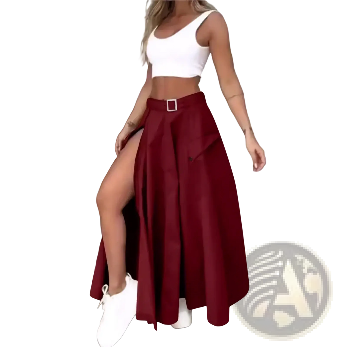 A flowing maroon high waist cargo maxi skirt with side slit and silver buckle at the waist