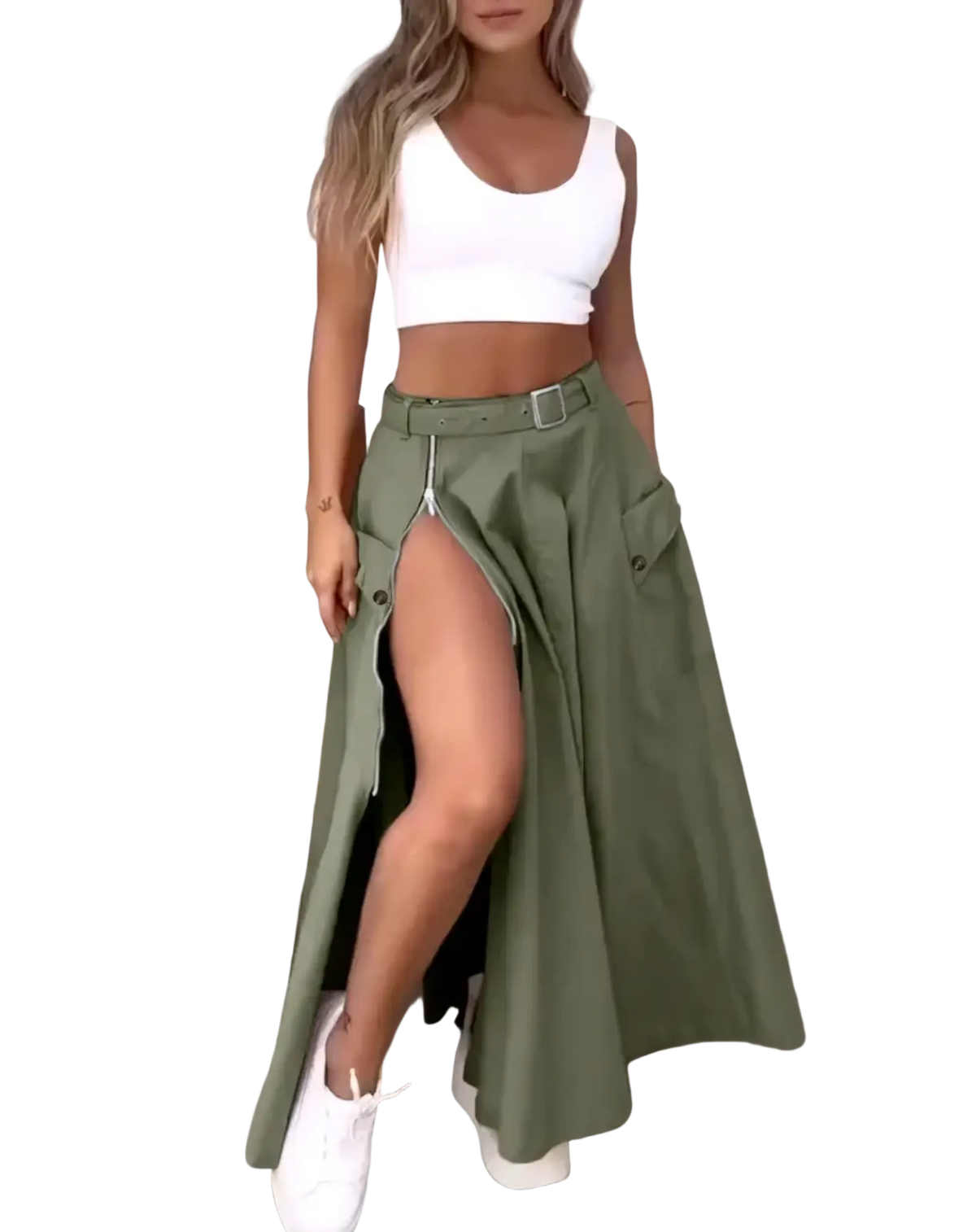 Olive green high waist cargo maxi skirt with front zipper and side slit designed in wide-leg style