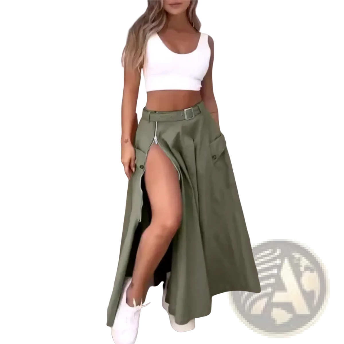 Olive green high waist cargo maxi skirt with side slit and pockets in lightweight fabric for casual wear