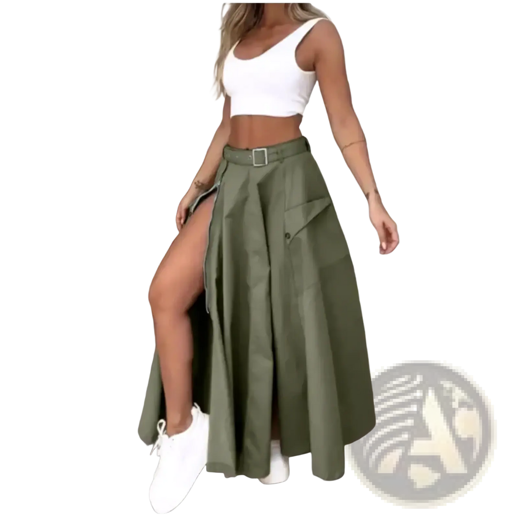 Olive green high waist cargo maxi skirt with wide-leg design front slit and belt loop detail in soft fabric