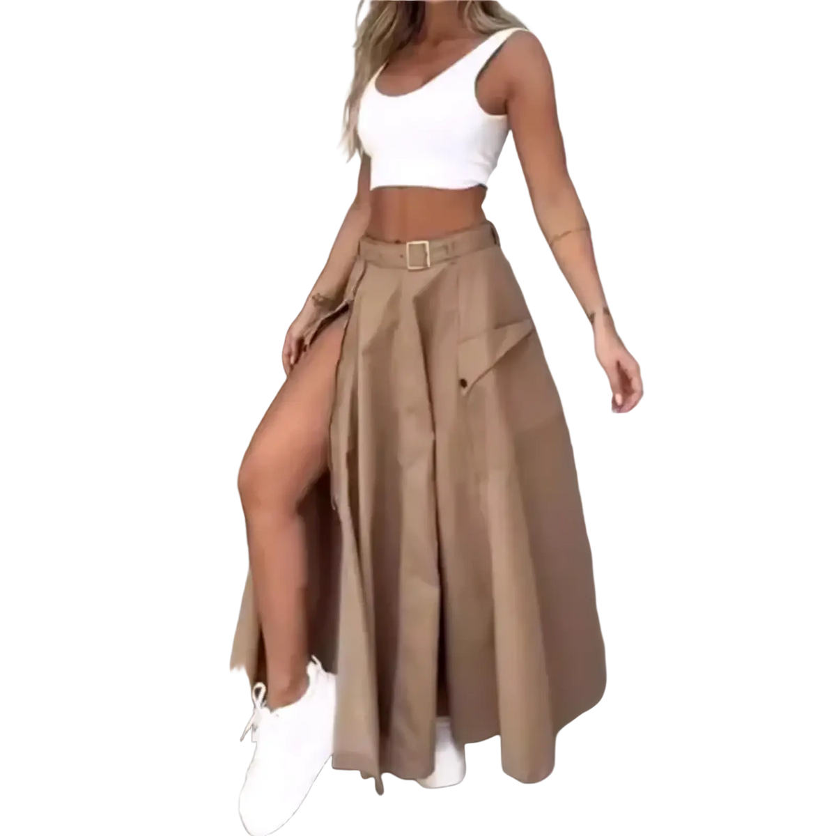 Tan high waist cargo maxi skirt with wide legs side slit and front pockets suitable for casual wear