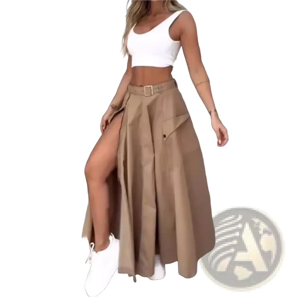Tan high waist cargo maxi skirt with wide legs side slit and front pockets suitable for casual wear