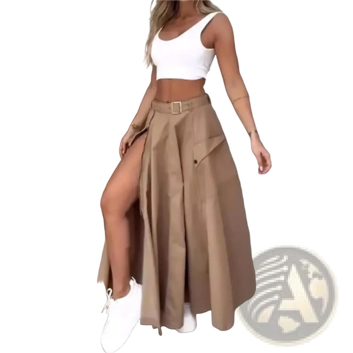 Tan high waist cargo maxi skirt with wide legs side slit and front pockets suitable for casual wear