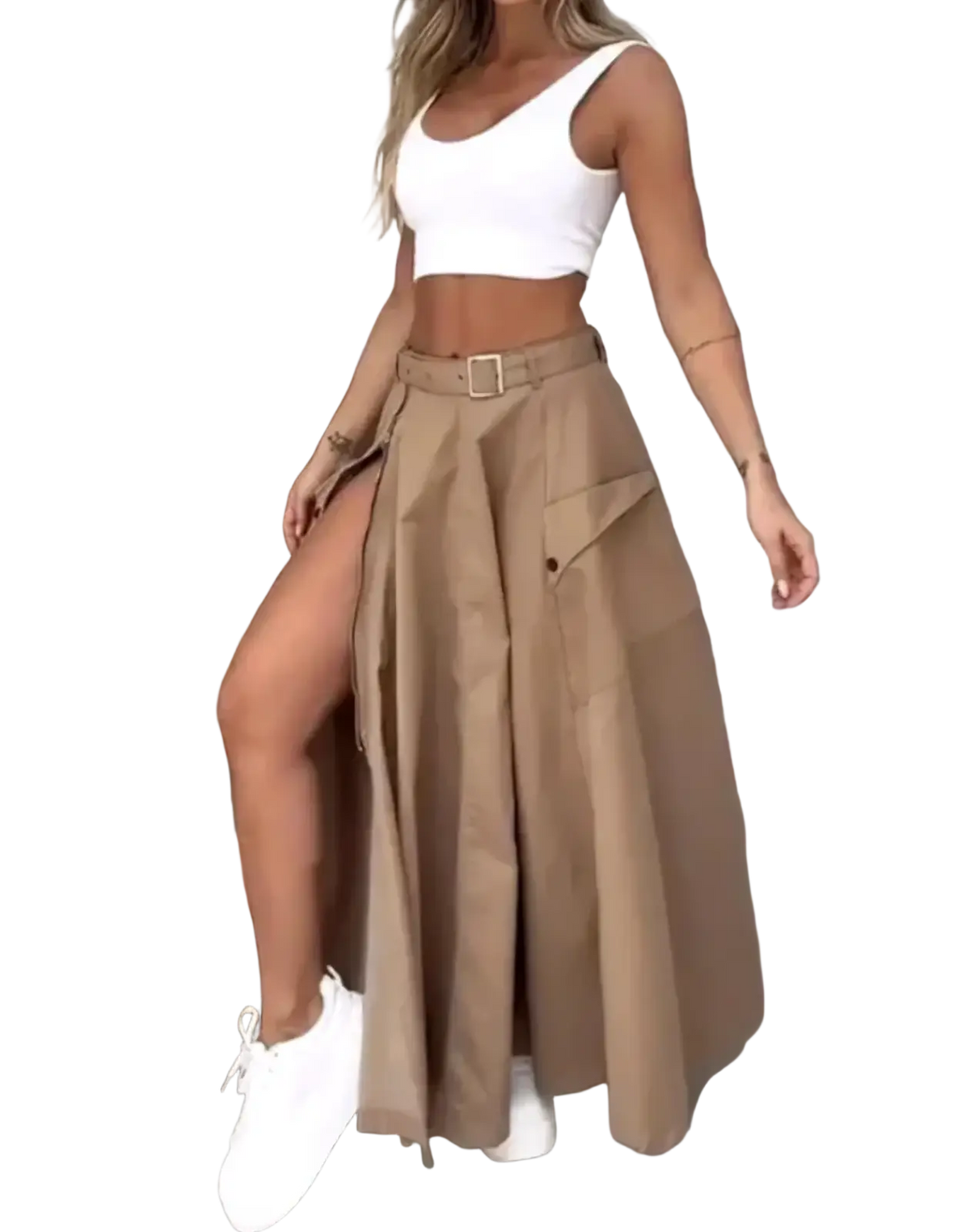 High waist tan pleated cargo maxi skirt with side slit and front pocket detail in lightweight fabric