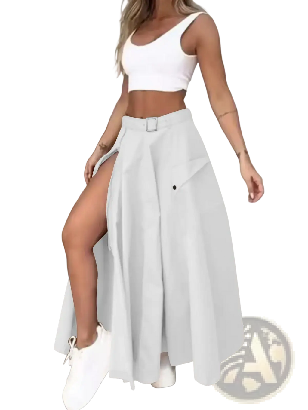 White high waist cargo maxi skirt featuring a side slit and belt loop for a stylish and functional look