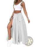 White high waist cargo maxi skirt featuring a side slit and belt loop for a stylish and functional look