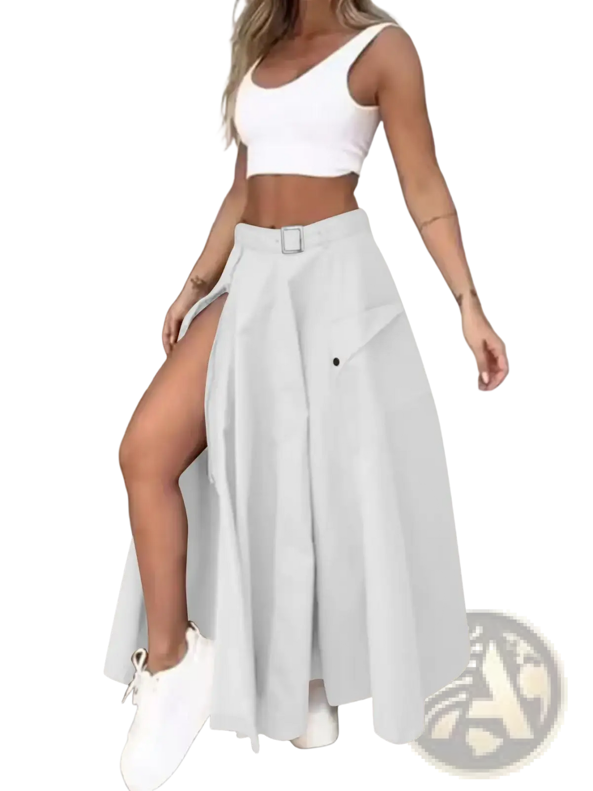 White high waist cargo maxi skirt featuring a side slit and belt loop for a stylish and functional look