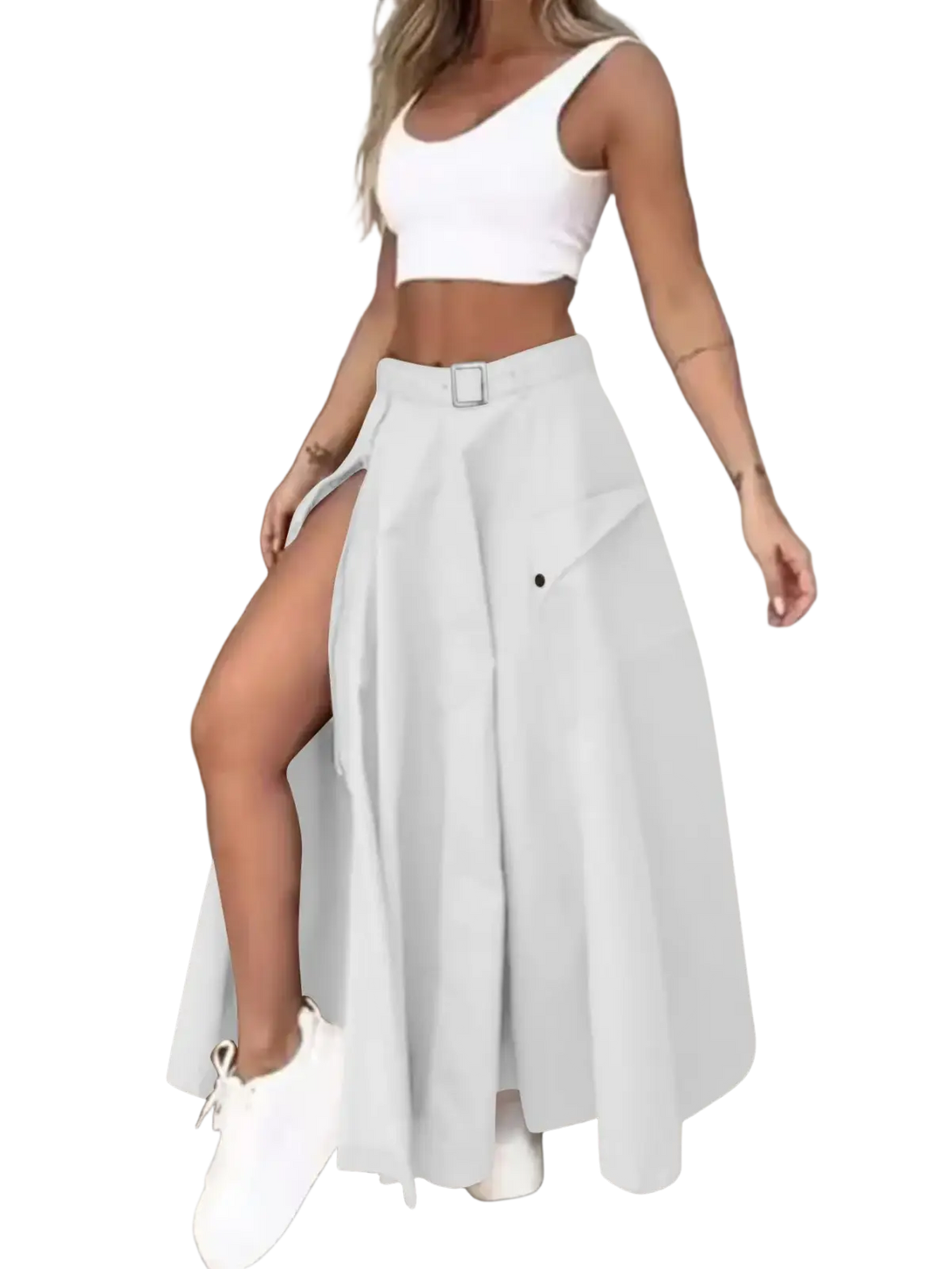 White high waist cargo maxi skirt featuring a side slit and belt loop for a stylish and functional look