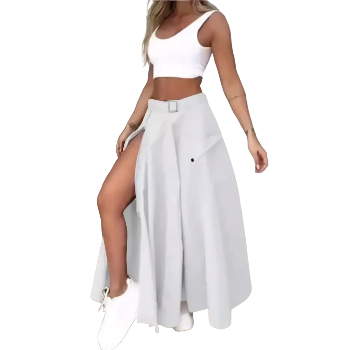 White high waist cargo maxi skirt with pleats side slit and belt buckle detail in lightweight fabric