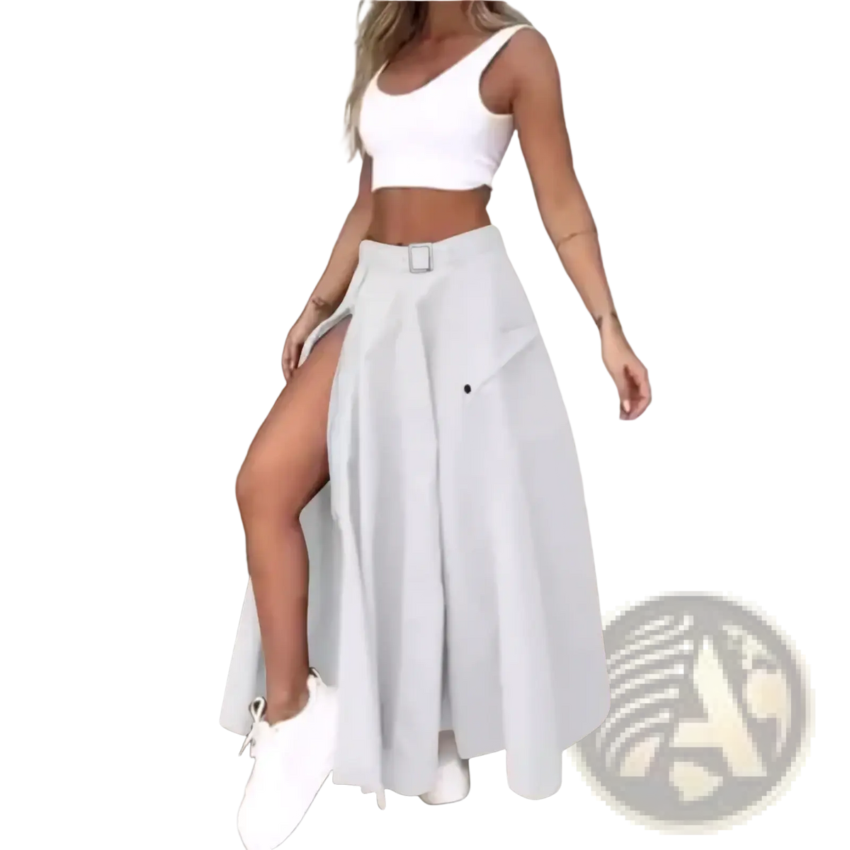 White high waist cargo maxi skirt with pleats side slit and belt loops designed for stylish casual wear