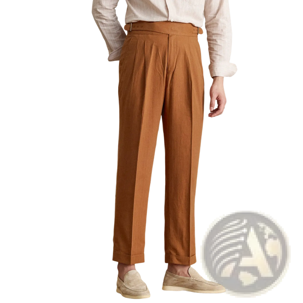 High waist caramel cotton linen pleated chinos with tapered leg and belt loop detail in straight leg style