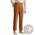 High waist caramel cotton linen pleated chinos with tapered leg and belt loop detail in straight leg style