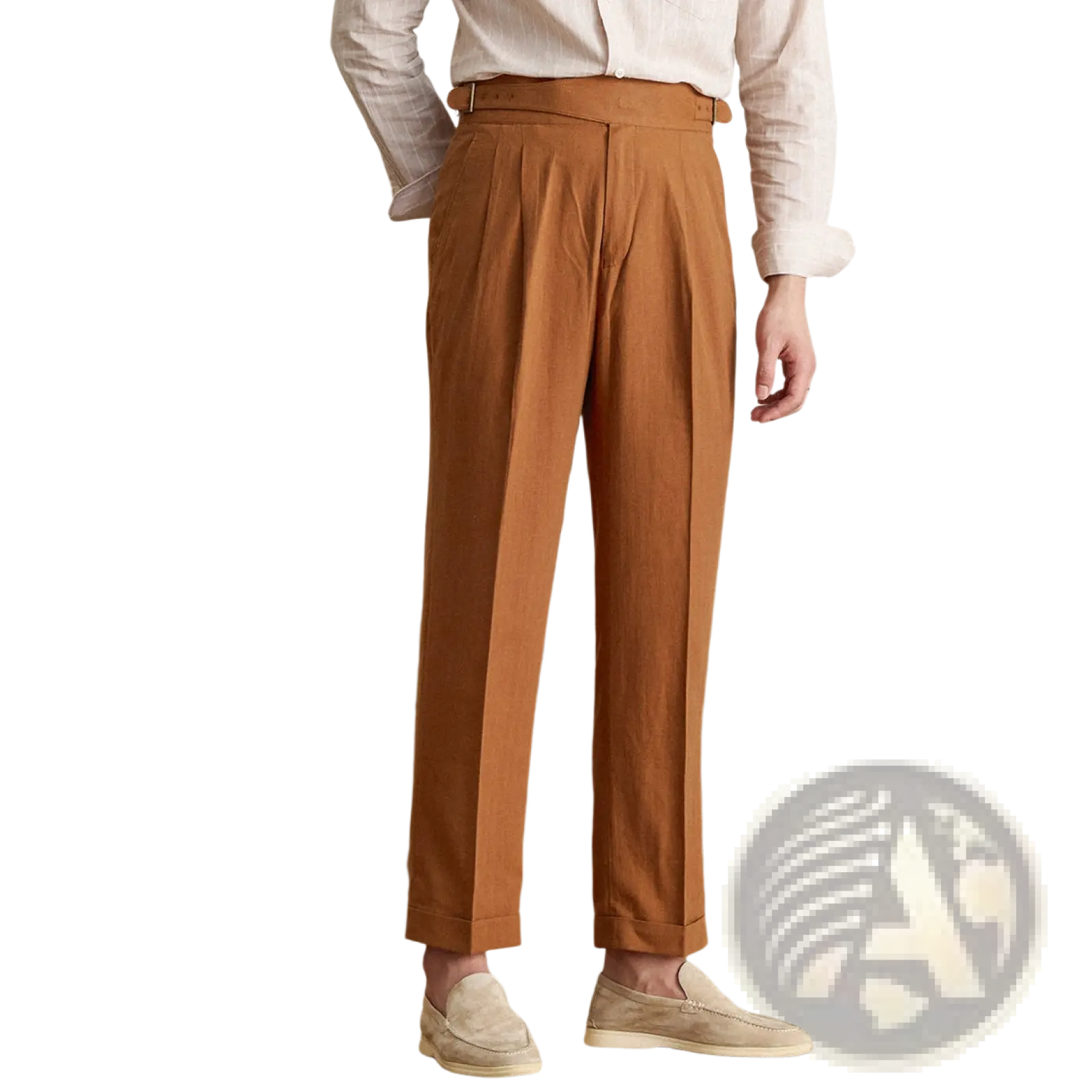 High waist caramel cotton linen pleated chinos with tapered leg and belt loop detail in straight leg style