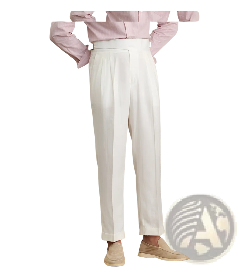 White high waist cotton linen straight leg pleated trousers with rolled cuffs and a straight-leg cut
