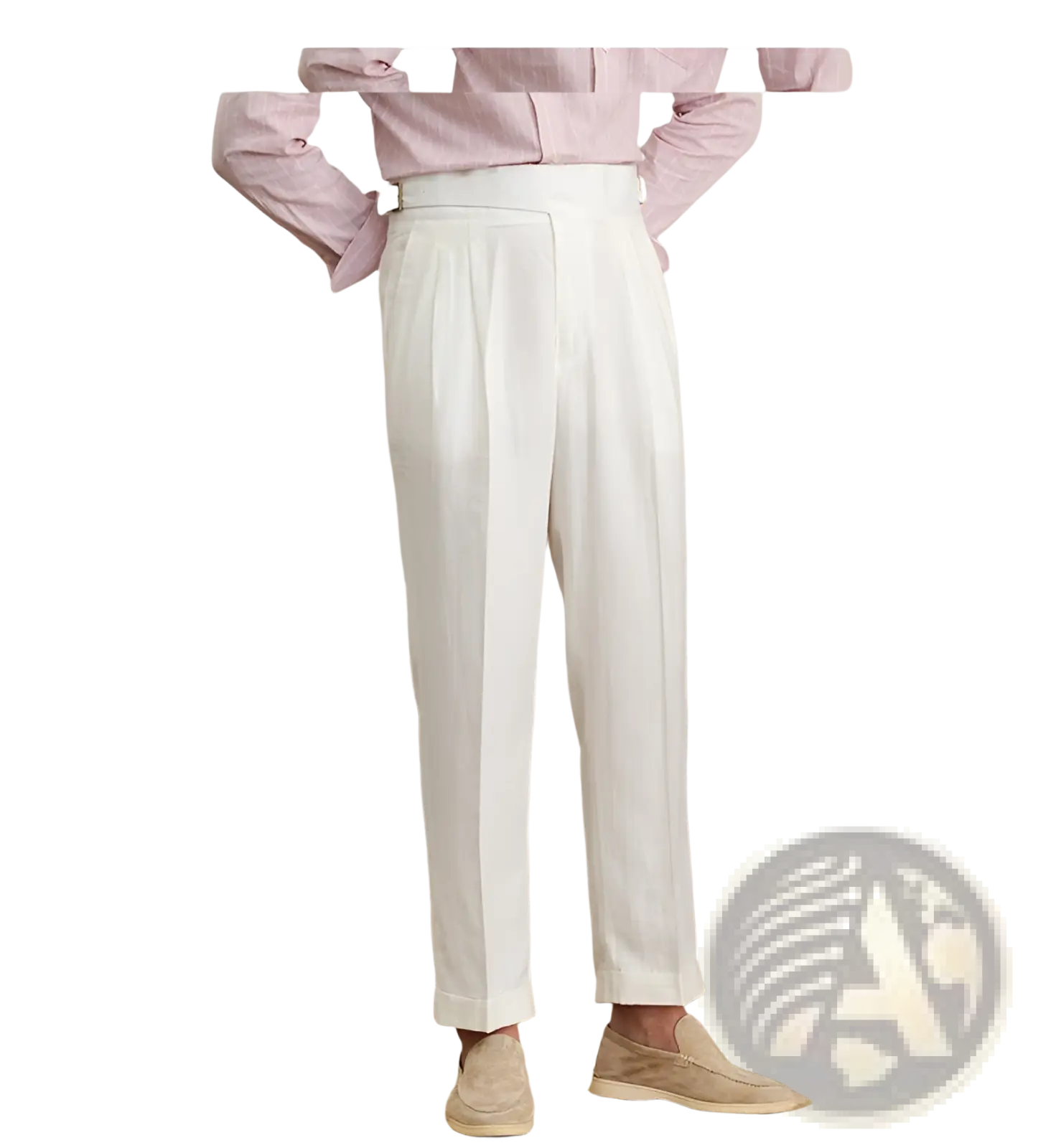 White high waist cotton linen straight leg pleated trousers with rolled cuffs and a straight-leg cut