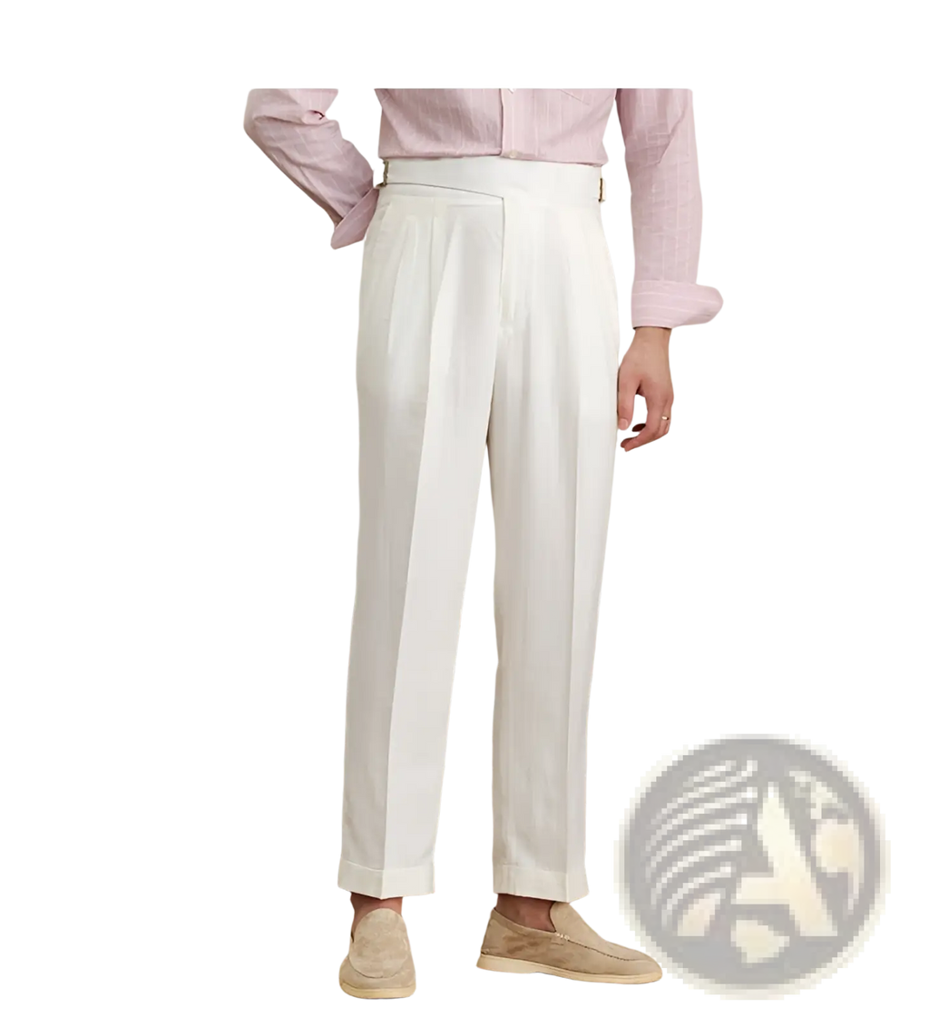 White high waist cotton linen pleated trousers with a straight leg cut and a clean tailored fit