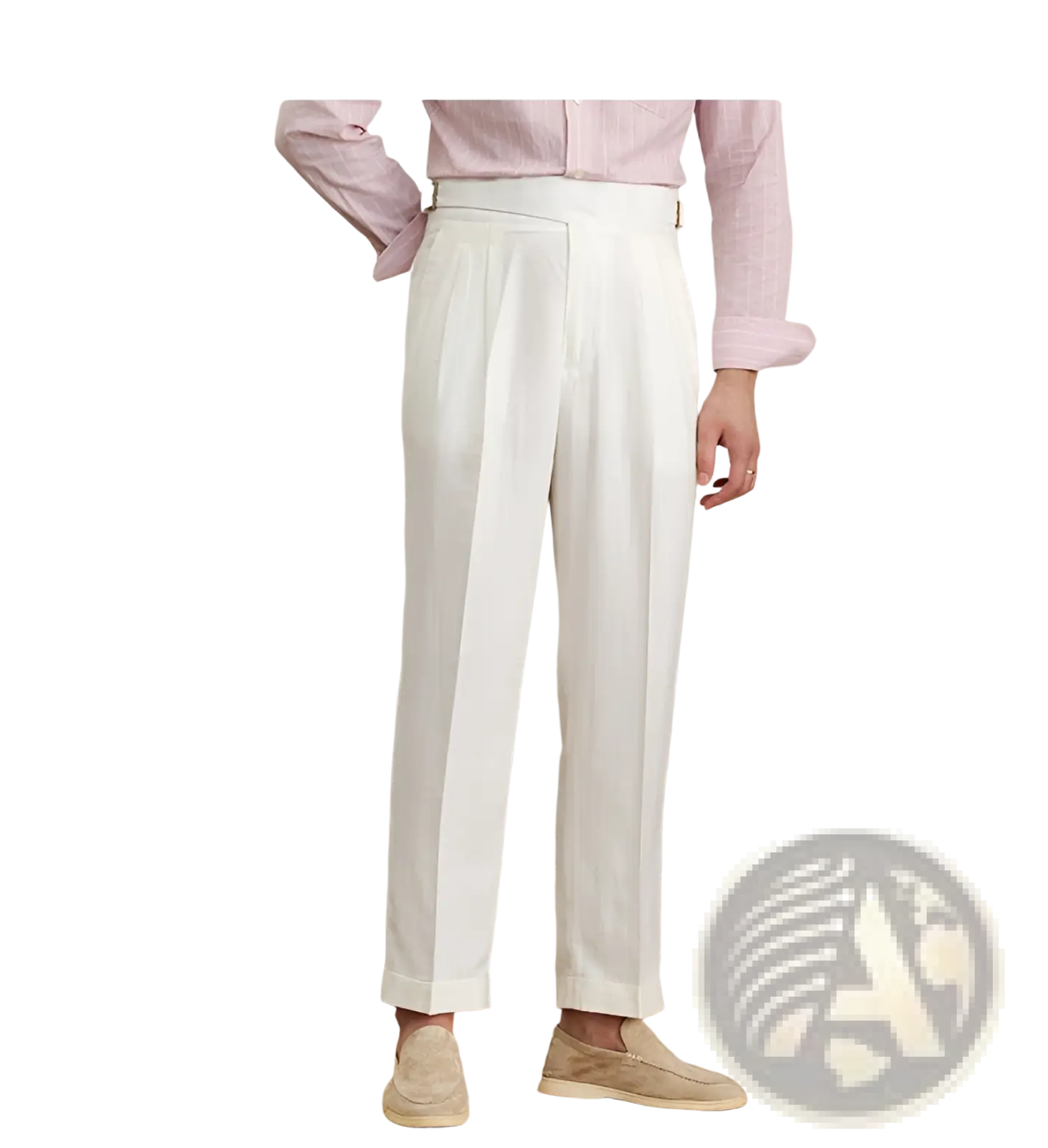 White high waist cotton linen pleated trousers with a straight leg cut and a clean tailored fit